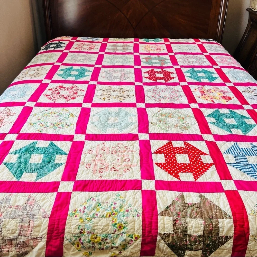 68”x86” Vintage from 1960’s Cotton Handmade and Hand Stitched Quilt.